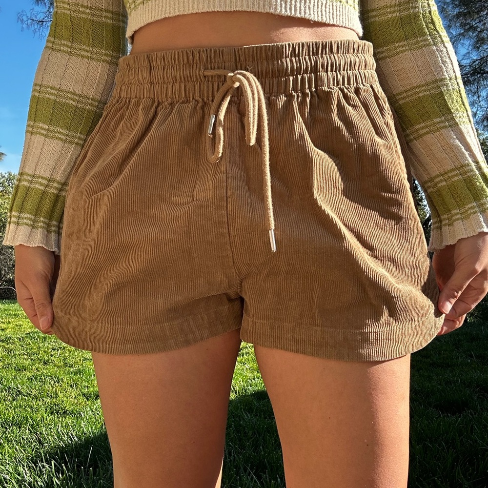 Rhythm. Corduroy High Waist Drawstring Shorts in Camel Brown